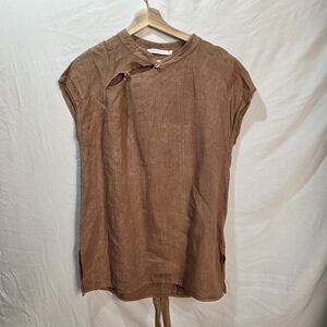 100% Linen Lauren Vidal Size M Asymmetrical Button Neck Detail Tie Waist
